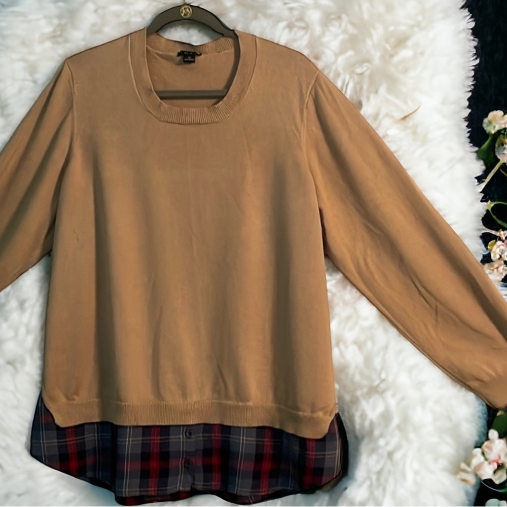 Iman sweater size 2X beige color long sleeve scoop neck plaid shirtlike hem - Picture 1 of 11